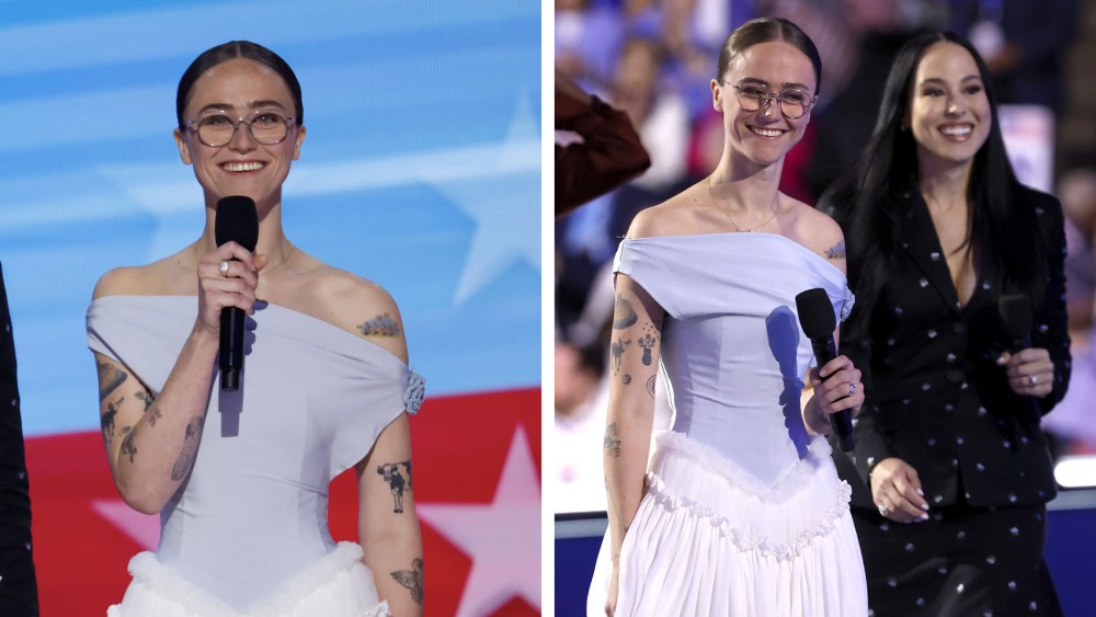 kamala harris stepdaughter ella ehmhoff blue dress white skirt designed by joe ando, crochet, dnc 2024, democratic national convention