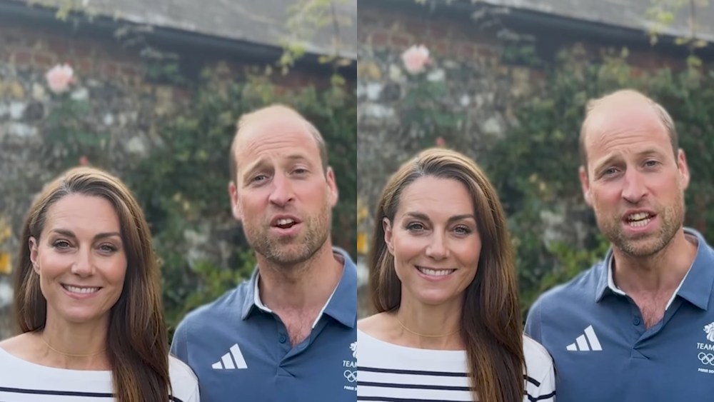 Kate Middleton in a Ralph Lauren top and Prince William with a beard in a video congratulating Team Great Britain after the Olympics on Aug. 11.