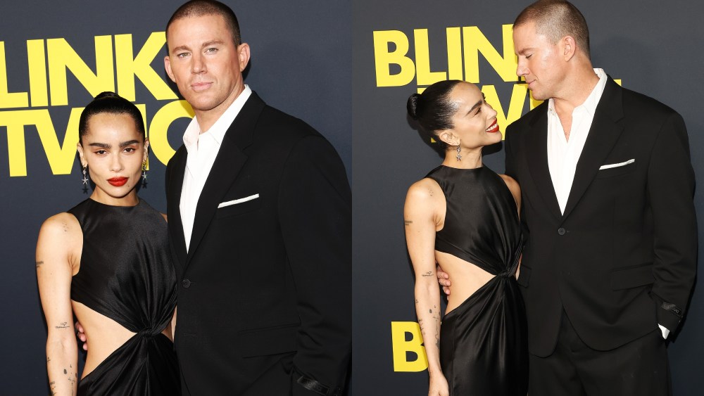Zoë Kravitz in Saint Laurent, left, and Channing Tatum, right, attend the 'Blink Twice' premiere in Los Angeles on Aug. 8.