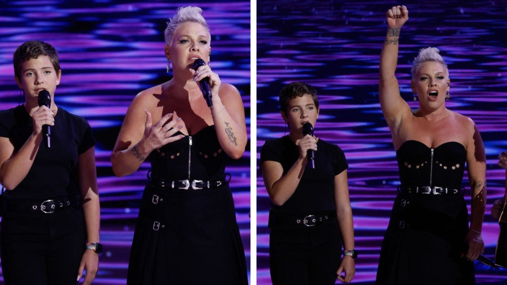 pink and carey hart's daughter Willow Sage Hart, musician Pink and Justin Derrico perform during the final day of the Democratic National Convention at the United Center on Aug. 22, 2024 in Chicago.