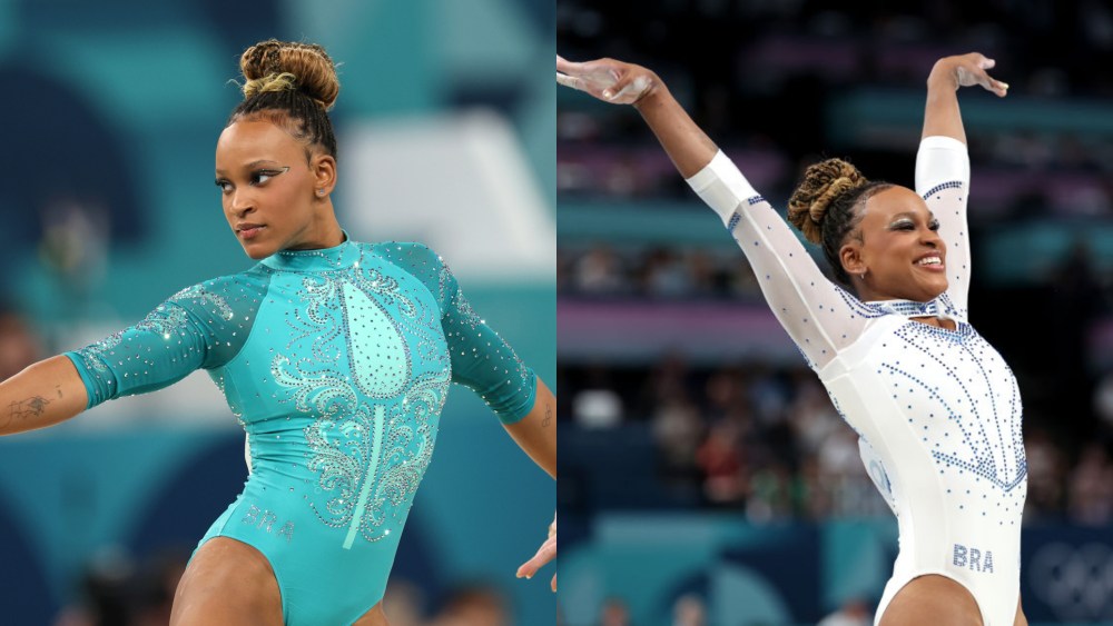 Rebeca Andrade of Team Brazil at the Paris Olympics, gold, balance beam, floor routine, paris 2024, leotard uniform