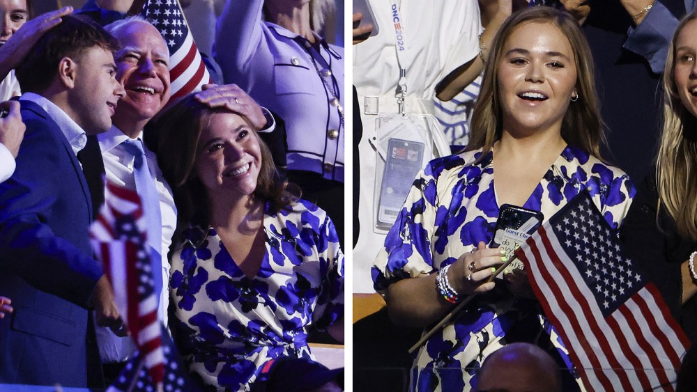 Democratic vice presidential nominee Minnesota Gov. Tim Walz (C) hugs his children Gus Walz (L) and Hope Walz (R) during the final day of the Democratic National Convention at the United Center on Aug. 22, 2024 in Chicago, tanya taylor blue floral meadow wrap midi dress