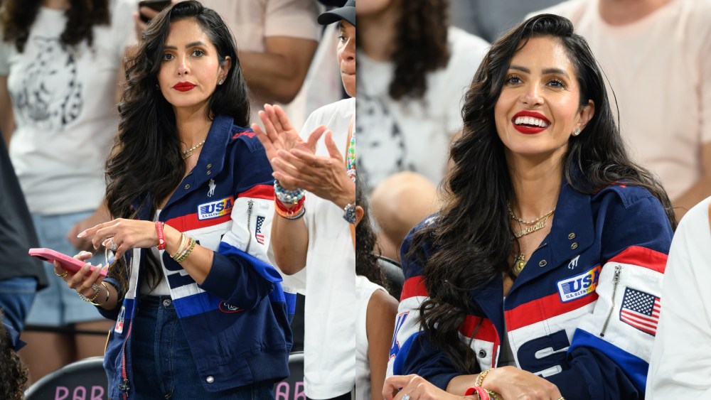 Vanessa Bryant, in the Polo Ralph Lauren Team USA Olympics Flag Bearer jacket, attends the women's basketball semi-final match between Team USA and Team Australia on day fourteen of the Olympic Games Paris 2024 at Bercy Arena on Aug. 9, 2024 in Paris.