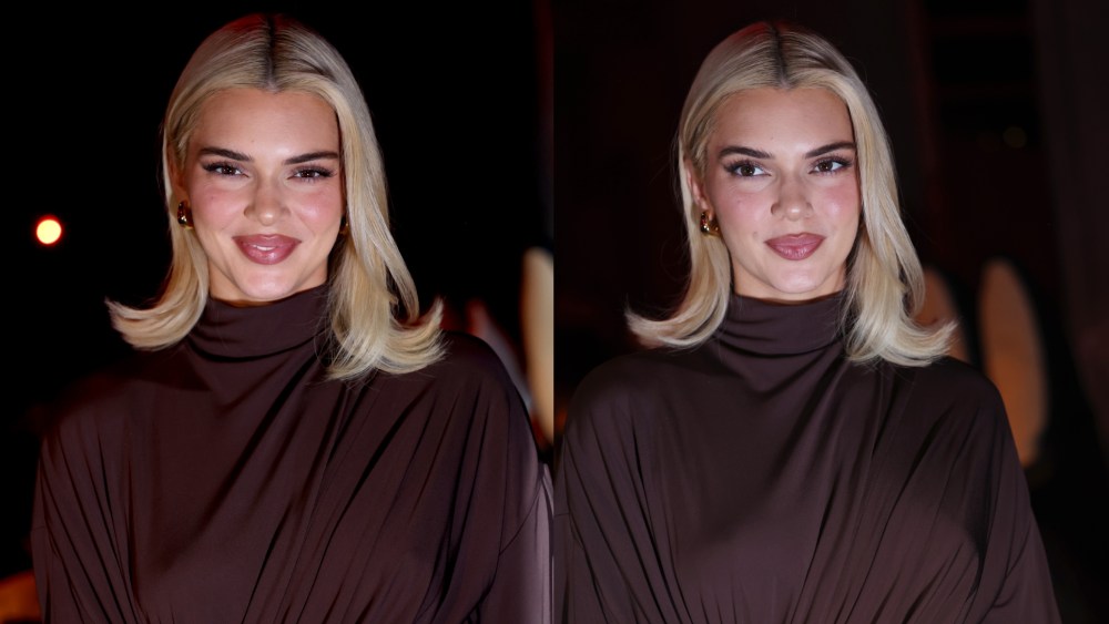 Kendall Jenner with blonde hair in brown bottega veneta high-neck dress and gold ring attends the Bottega Veneta fashion show during the Milan Womenswear Spring/Summer 2025 on September 21 in Milan, Italy