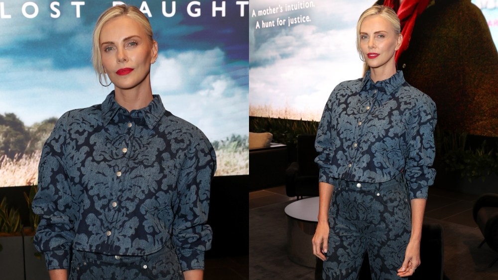 Charlize Theron attends Netflix's "Into the Fire: The Lost Daughter" special screening on Sept. 9 in Los Angeles, denim, Alexander McQueen