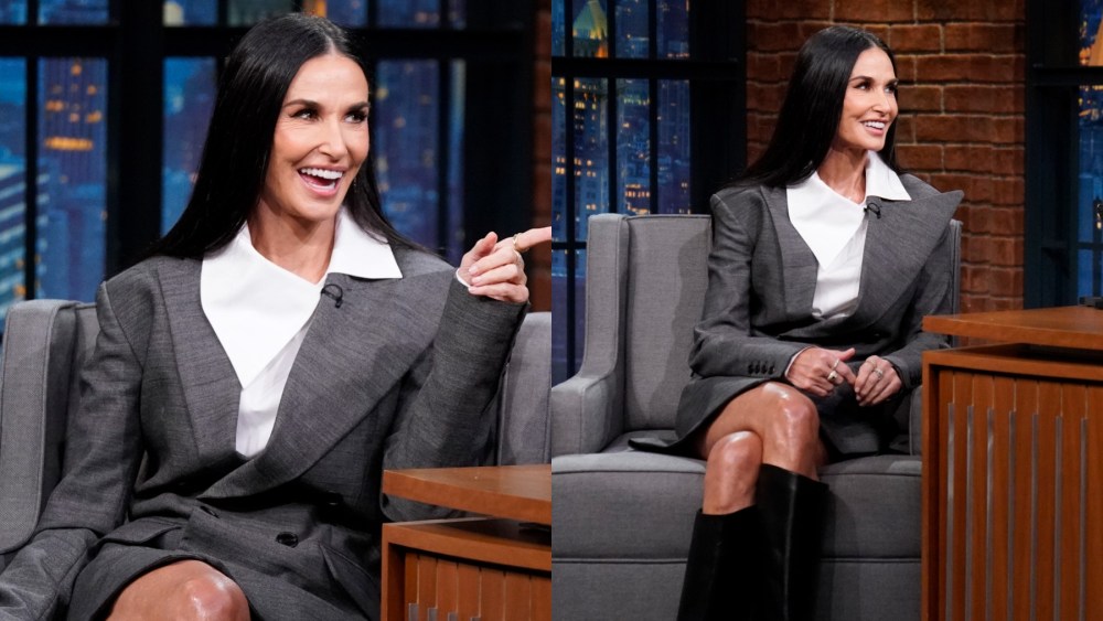 Demi Moore on "Late Night With Seth Meyers" on Sept. 11 in New York, blazer dress