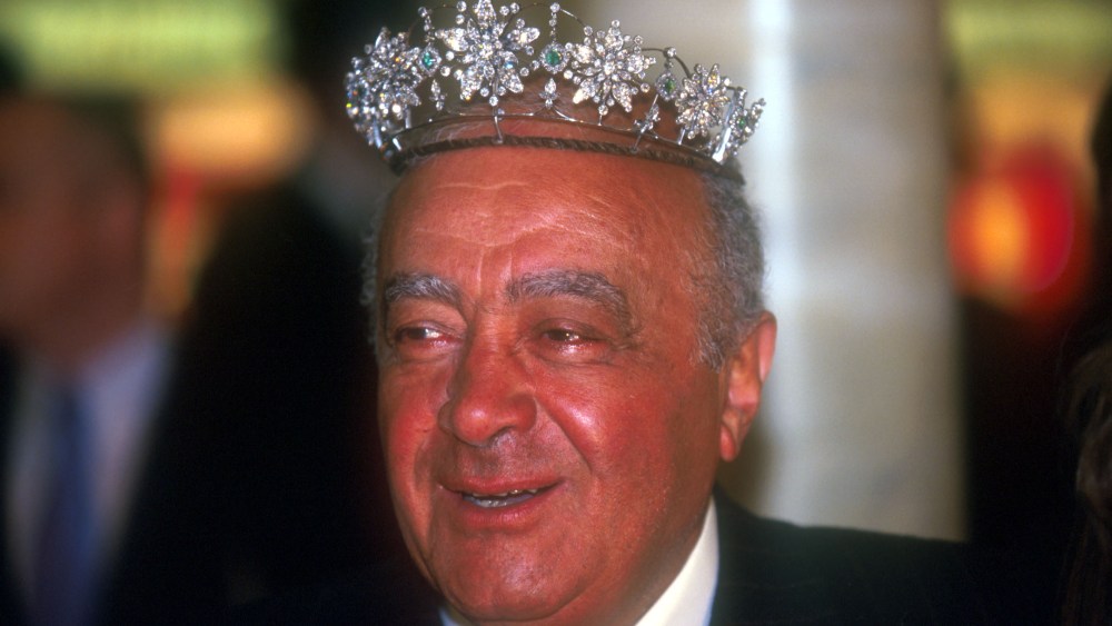 Mohammed Al Fayed wearing a tiara at the opening of Harrods sale 2001. (Owner of Harrods at the annual opening of the Harrods sale Wednesday 3rd January 2001). (Photo by Jeff Overs/BBC News & Current Affairs via Getty Images)
