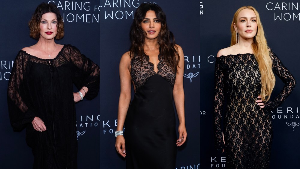 Linda Evangelista, Priyanka Chopra and Lindsay Lohan attend the 2024 Kering Caring for Women dinner on Sept. 9 in New York, lace fashion style celebrity trend