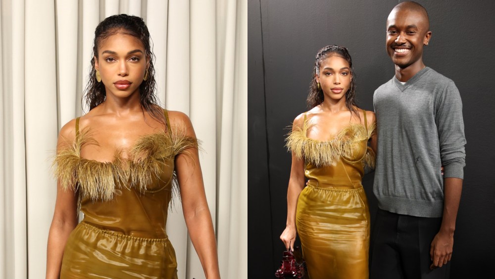Lori Harvey and Maximilian Davis at Ferragamo's spring 2025 fashion show on Sept. 21 in Milan.