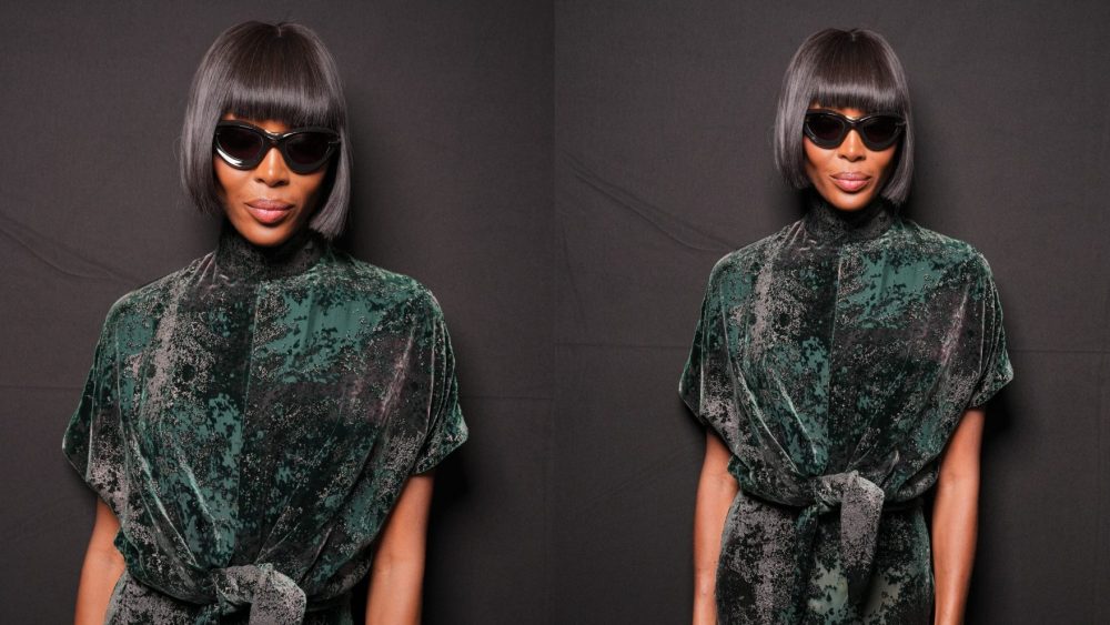Naomi Campbell at Roberto Cavalli's spring 2025 fashion show on Sept. 18 in Milan, bob, marble emerald velvet dress, fashion week