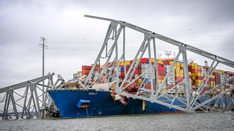 The container ship Dali is seen in the wreckage of Francis Scott Key Bridge almost a week after it hit a structural pier causing a subsequent bridge collapse.