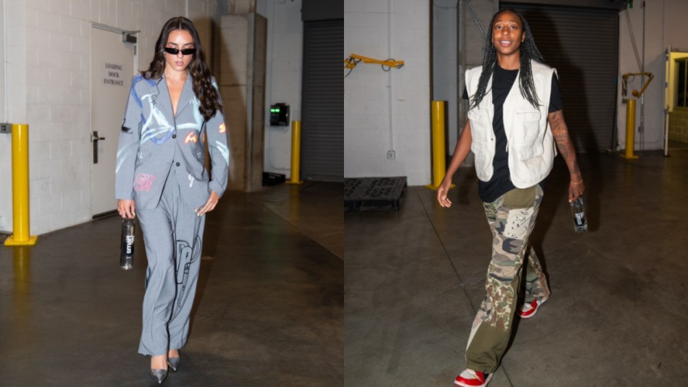 Nika Muhl and Jewell Loyd ahead of WNBA matchup between the Las Vegas Aces and the Seattle Storm, tunnel outfits