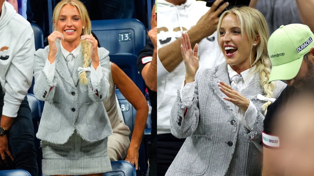 taylor fritz girlfriend Morgan Riddle wears thom browne at the 2024 US Open Tennis Championships.