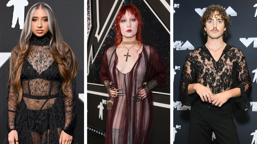 Isabel LaRosa at the 2024 MTV Video Music Awards held at UBS Arena on September 11, 2024 in in Elmont, New York, chappell roan, celebrities wearing sheer fashion trend, see-through outfit style, Benson Boone at the 2024 MTV Video Music Awards held at UBS Arena on September 11, 2024 in Elmont, New York, Chappell Roan