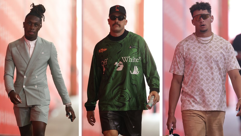 Patrick Mahomes and Travis Kelce of the Kansas City Chiefs arrive prior to the game against the Cincinnati Bengals, xavier worthy outfit
