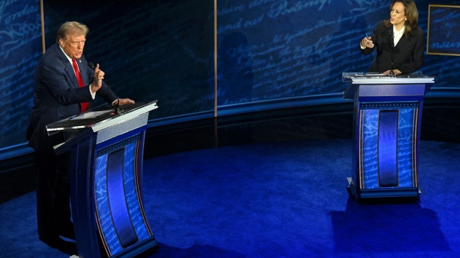 U.S. Vice President and Democratic presidential candidate Kamala Harris and former US President and Republican presidential candidate Donald Trump speak during a presidential debate at the National Constitution Center in Philadelphia, Pennsylvania, on September 10.