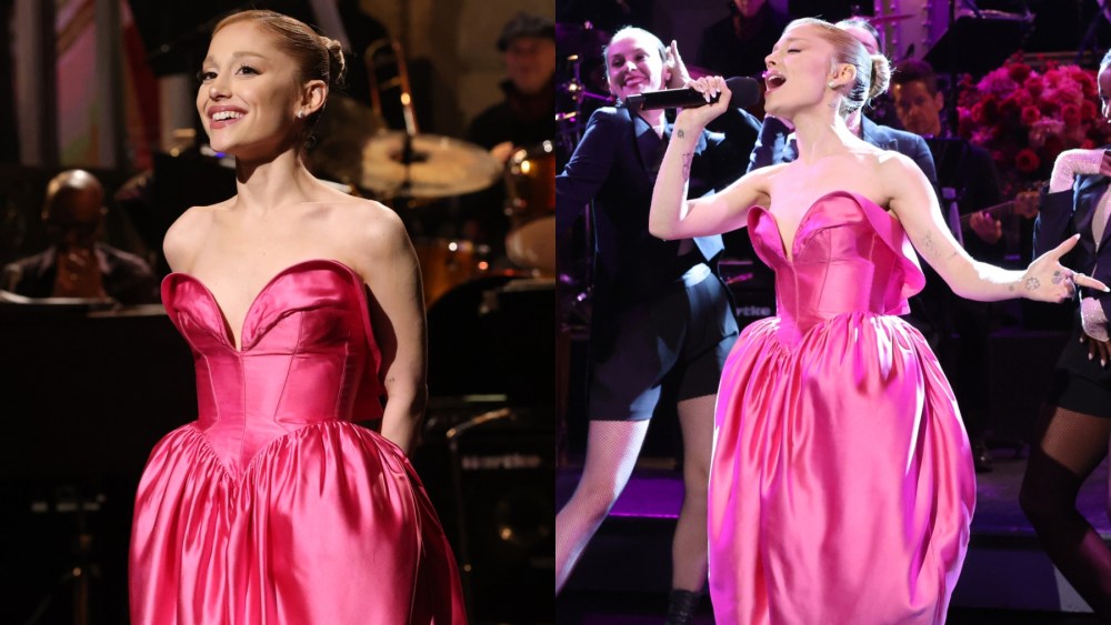 Ariana Grande on "Saturday Night Live" on Oct. 12, Glinda, Wicked, vintage Mugler, pink dress