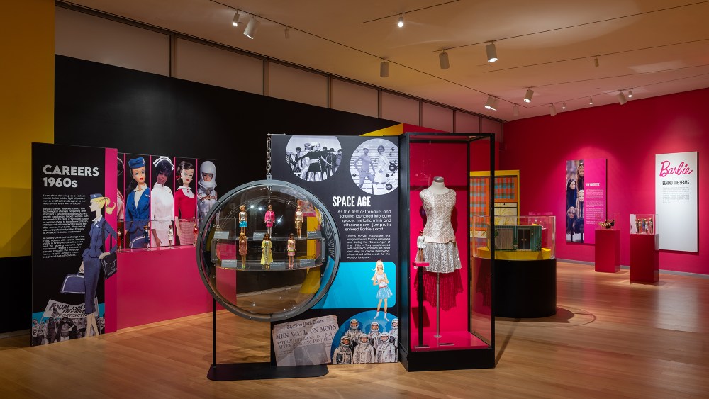 Installation view of "Barbie: A Cultural Icon" at the Museum of Arts and Design in New York, dolls, vintage, fashion, history, museum