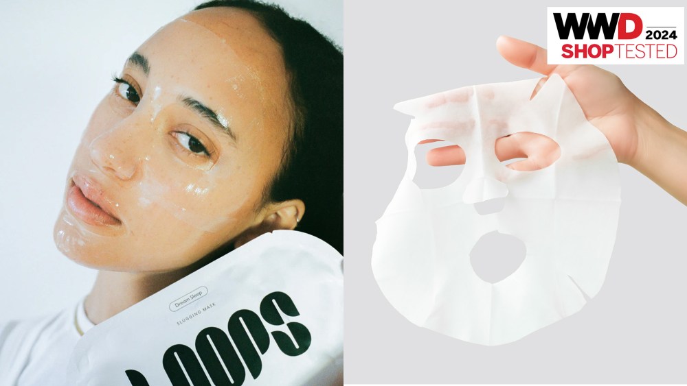 woman wearing a sheet mask; hand holding a sheet mask