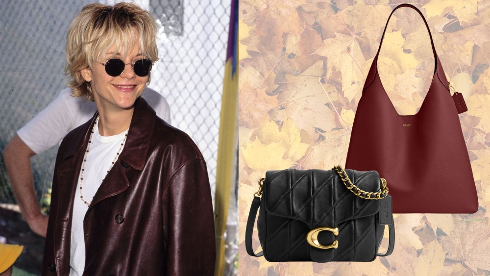 woman wearing a red leather jacket and sunglasses; red slouchy handbag and black purse on fall foliage