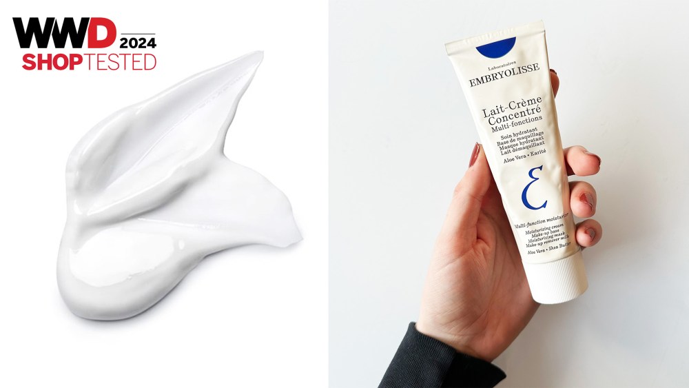 swatch of face cream; woman holding french face cream