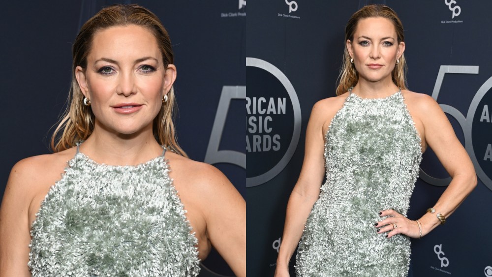 Kate Hudson fuzzy fendi dress arrives at the American Music Awards 50th Anniversary Special on Oct. 6 in Los Angeles, Fendi, green fuzzy dress, red carpet, David Yurman