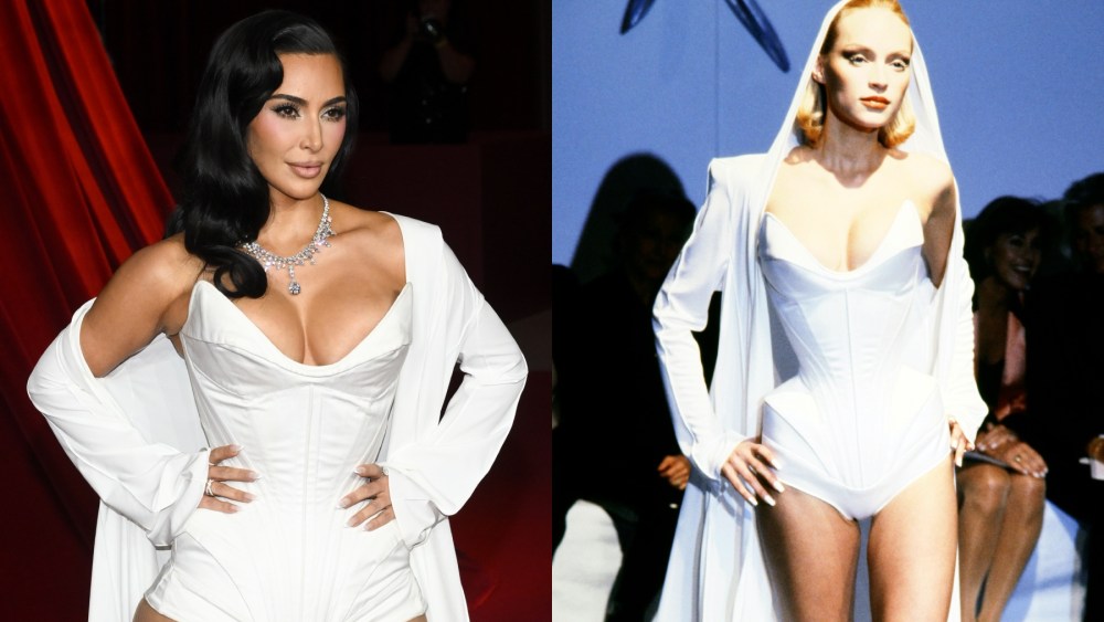 Kim Kardashian at the 2024 Academy Museum Gala on Oct. 19 in Los Angeles; Thierry Mugler's spring 1998 couture fashion show, vintage, corset, red carpet