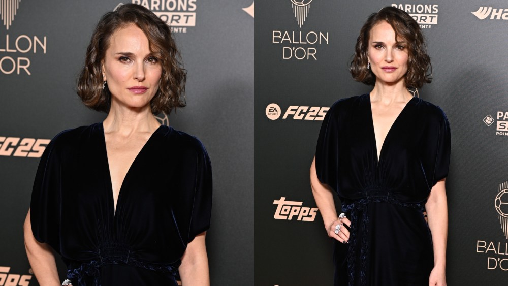 Natalie Portman attends the 68th Ballon D'Or on Oct. 28 in Paris, red carpet, football, blue velvet dress