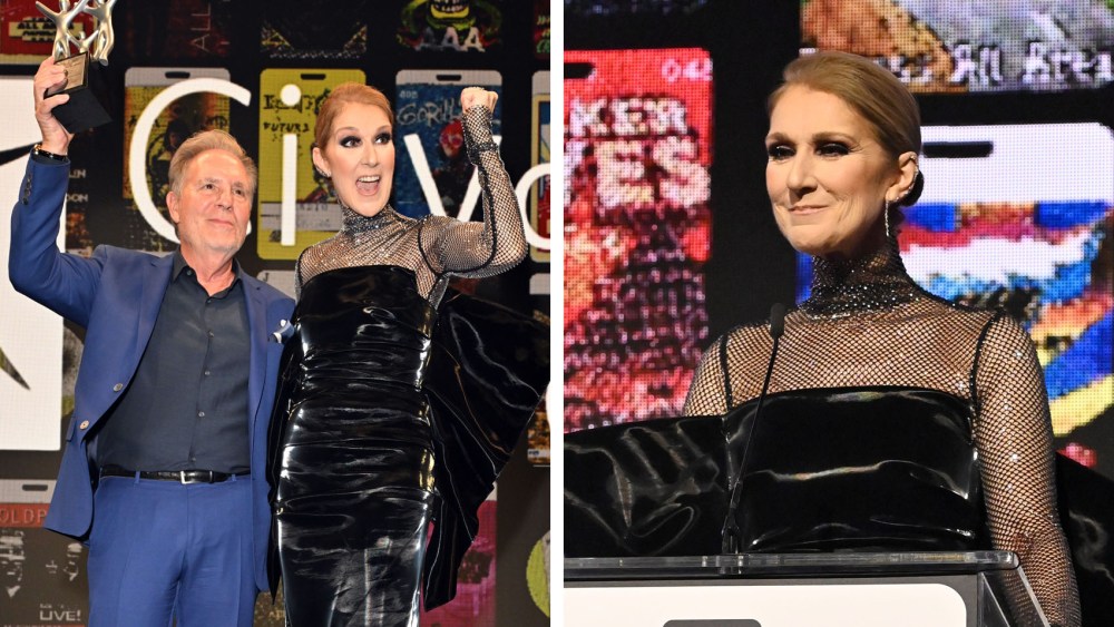 (L-R) Jay Marciano accepts the award from Celine Dion onstage during MFEI Spirit Of Life honoring Jay Marciano at Shrine Auditorium and Expo Hall on Oct. 22, 2024 in Los Angeles, sportmax liquid dress with sheer sleeves and sparkling embellishments