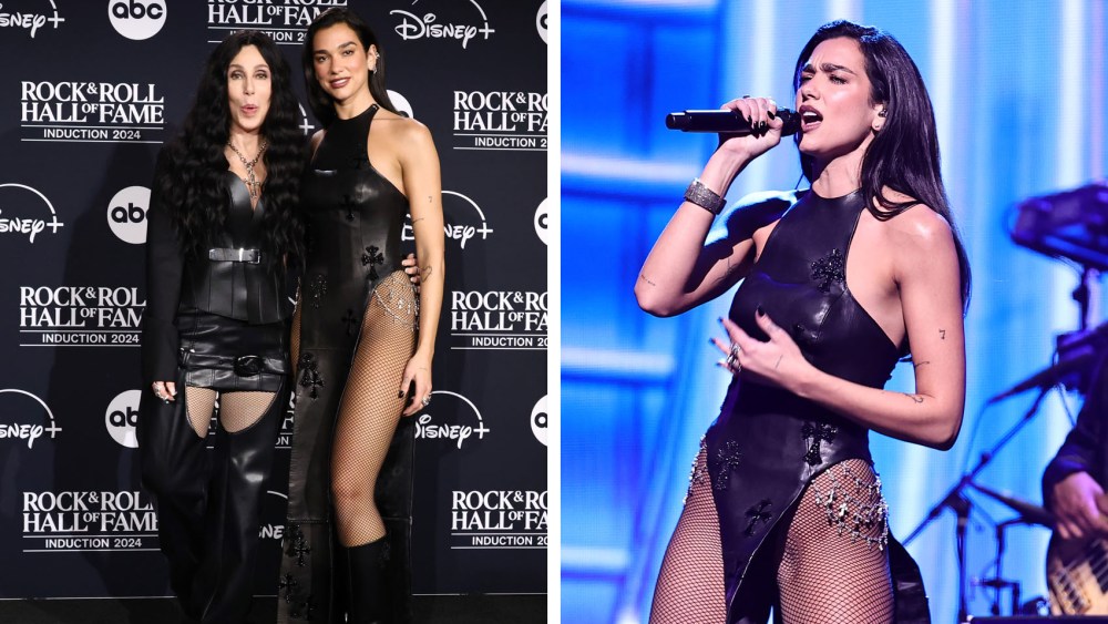 Inductee Cher and Dua Lipa pose in the press room during the 2024 Rock & Roll Hall Of Fame Induction Ceremony streaming on Disney+ at Rocket Mortgage Fieldhouse on October 19, 2024 in Cleveland.