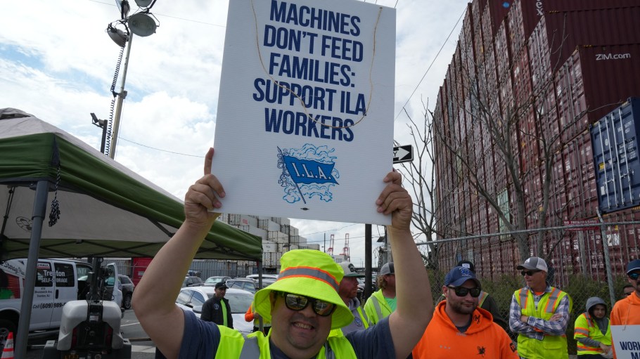 Dockworkers on strike in Port Newark, N.J. on Oct. 1, 2024.