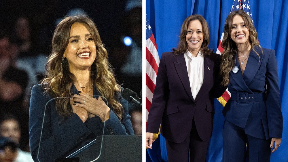 Celebrity Jessica Alba wears a Tahari ASL teal blue suit  speaks at a campaign rally for Democratic presidential nominee, Vice President Kamala Harris, on October 25, 2024 in Houston, Tex.