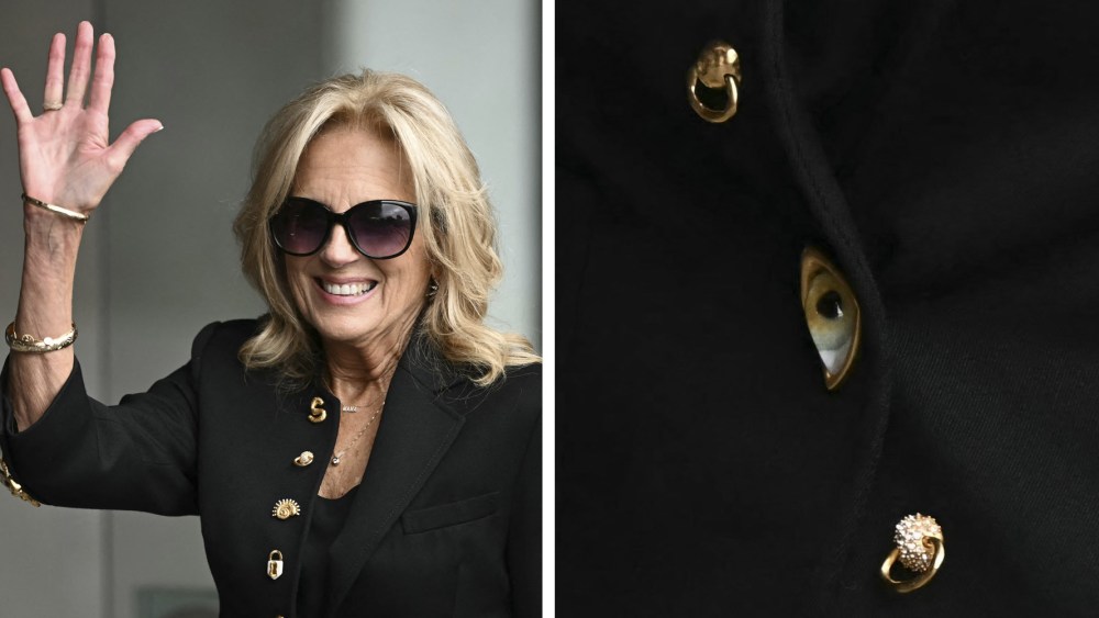 US First Lady Jill Biden wears schiaparelli surrealist eye jacket and skirt arrives at the inauguration ceremony of Mexico's President-elect Claudia Sheinbaum at the Congress of the Union in Mexico City on October 1, 2024. (Photo by CARL DE SOUZA / AFP) (Photo by CARL DE SOUZA/AFP via Getty Images)