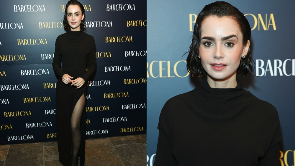 Lily Collins, London, Barcelona, Versace little black dress red carpet