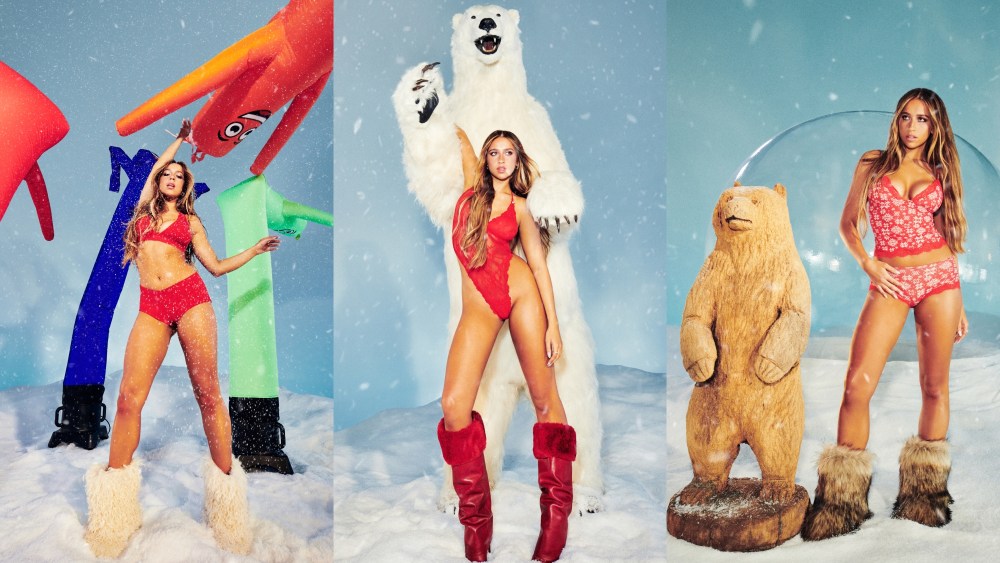 Tate McRae, kim kardashian and emma grede founder owners brand Skims, holiday shop, lingerie, sets, fashion collections