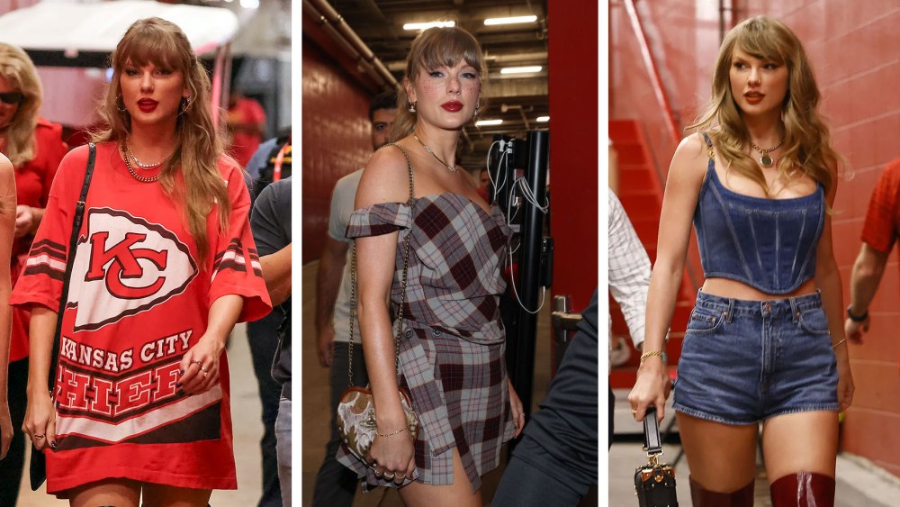 Taylor Swift Chiefs Game Outfits, Taylor Swift wears head-to-toe Vivienne Westwood, including the Belle Heart Frame Jacquard Bag and Grace Boots, prior to a game between the Kansas City Chiefs and the New Orleans Saints at GEHA Field at Arrowhead Stadium on Oct. 07, 2024 in Kansas City, Missouri. 