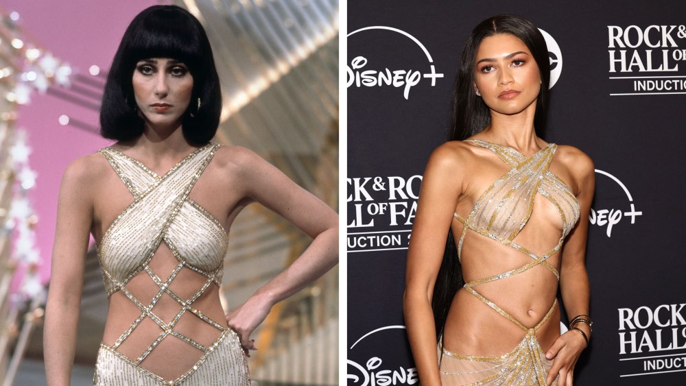 (L-R): Cher in 1975; Zendaya attends the 2024 Rock & Roll Hall Of Fame Induction Ceremony streaming on Disney+ at Rocket Mortgage Fieldhouse on October 19, 2024 in Cleveland, Ohio, bob mackie dresses