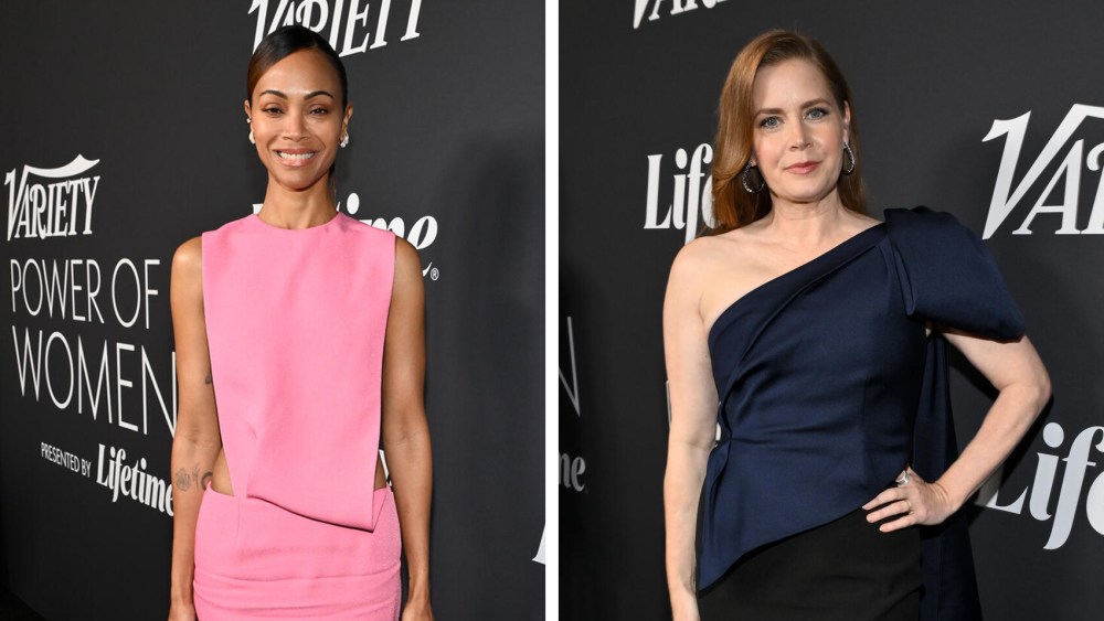 Zoe Saldana wears pink emilia wickstead dress and amy adams wears rouland mouret blue and black dress at Variety Power of Women Los Angeles at Mother Wolf on October 24, 2024 in Los Angeles, California.