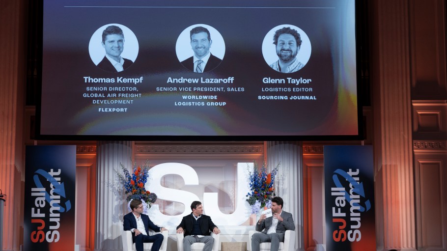 Thomas Kempf of Flexport, Andrew Lazaroff of Worldwide Logistics Group and Glenn Taylor of Sourcing Journal discuss the happenings of the logistics landscapes at Sourcing Journal's Fall Summit in New York City.