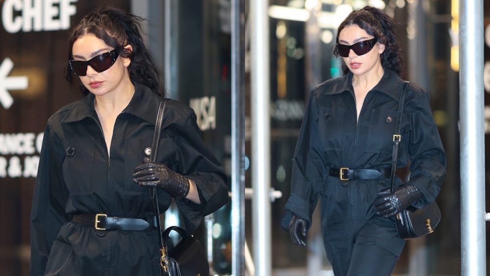 Charli XCX in New York on Nov. 11, Brat, utilitarian, boiler suit, Saint Laurent, wraparound sunglasses, Y2K, Bottega Veneta