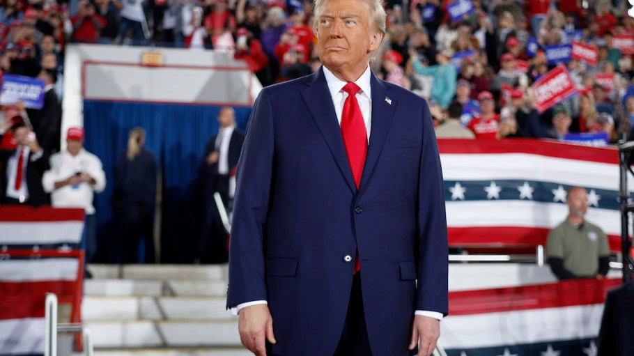 Republican presidential nominee, former U.S. President Donald Trump takes the stage during a campaign rally at the J.S. Dorton Arena on November 04, 2024 in Raleigh, North Carolina. With one day left before the general election, Trump is campaigning for re-election in the battleground states of North Carolina, Pennsylvania and Michigan. (Photo by Chip Somodevilla/Getty Images)