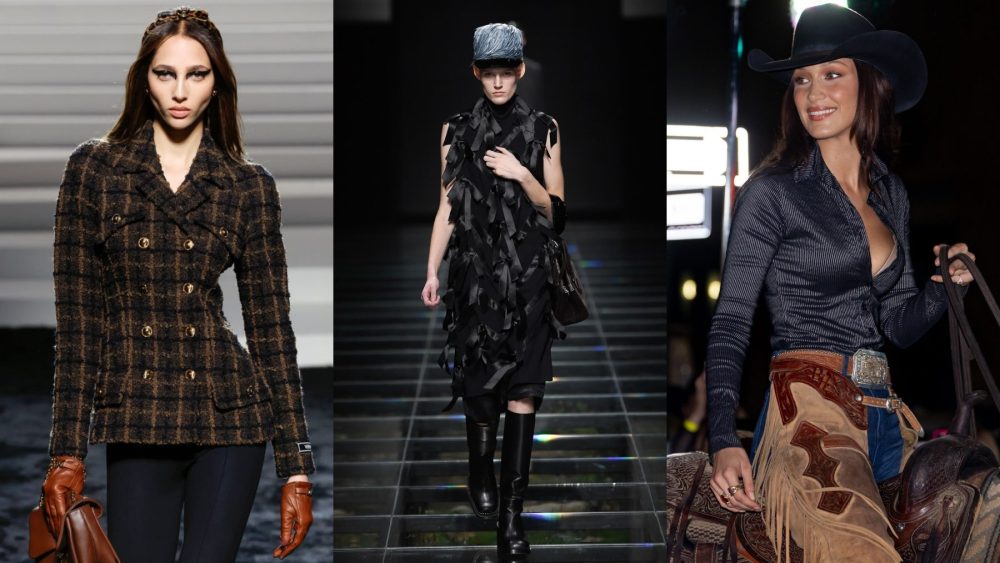 Versace fall 2024; Prada fall 2024; Bella Hadid in 2024, horse girl, equestrian, cowboy core, riding boots, leather gloves, trends