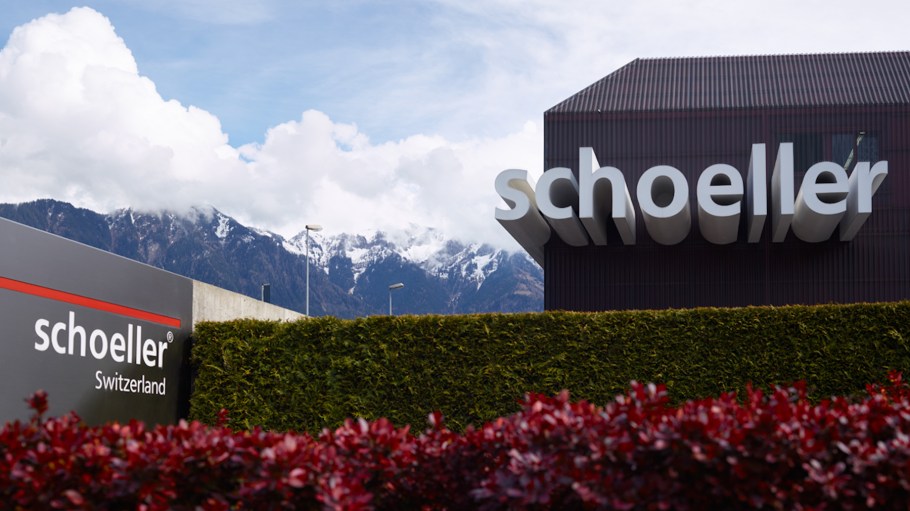 Sign for Schoeller in front of a building in Sevelen, Switzerland.