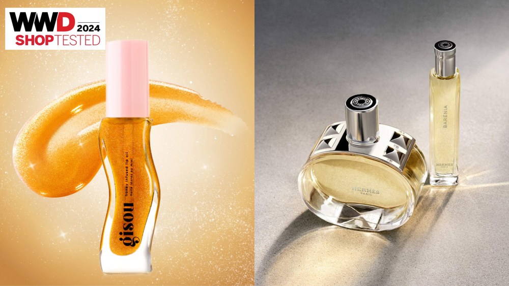 gold lip oil on shimmery background; perfume on gray table