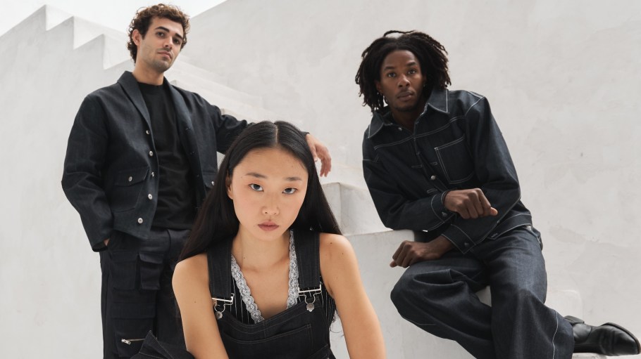 Three models pose in upcycled denim from Uniqlo's collaboration with FIDM.
