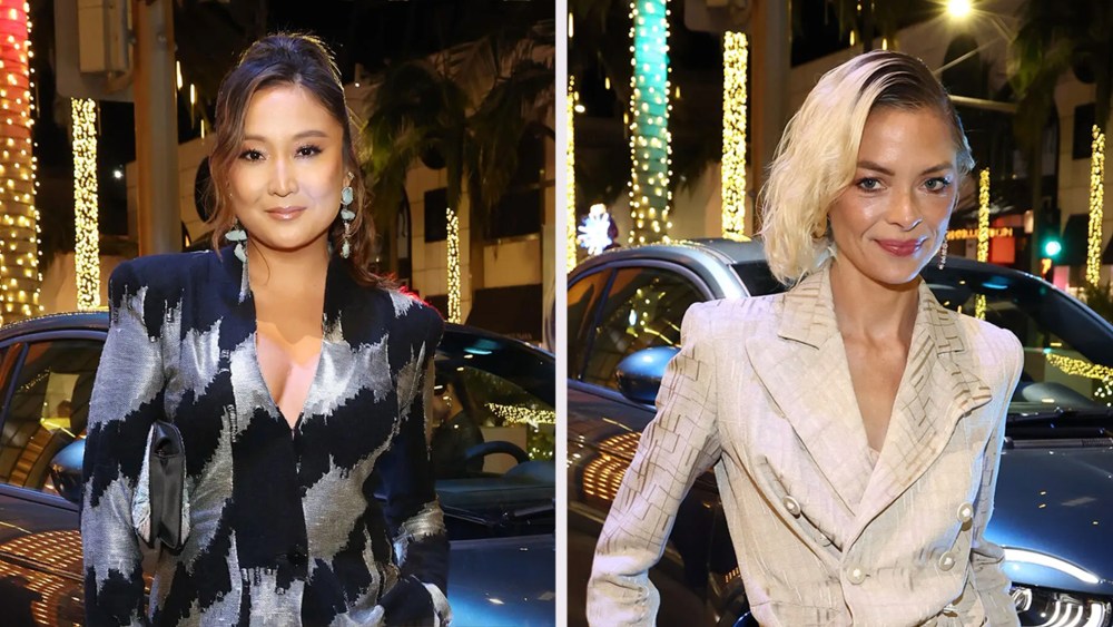 Ashley Park and Jaime King in shimmering suits at the ieorgio Armani Fiat 500E Party in Beverly Hills