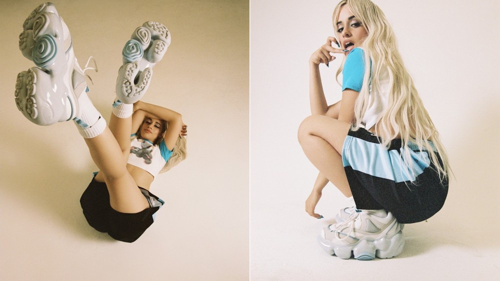 Camila Cabello models her Miami sky-inspired, limited-edition Moopie sneakers.