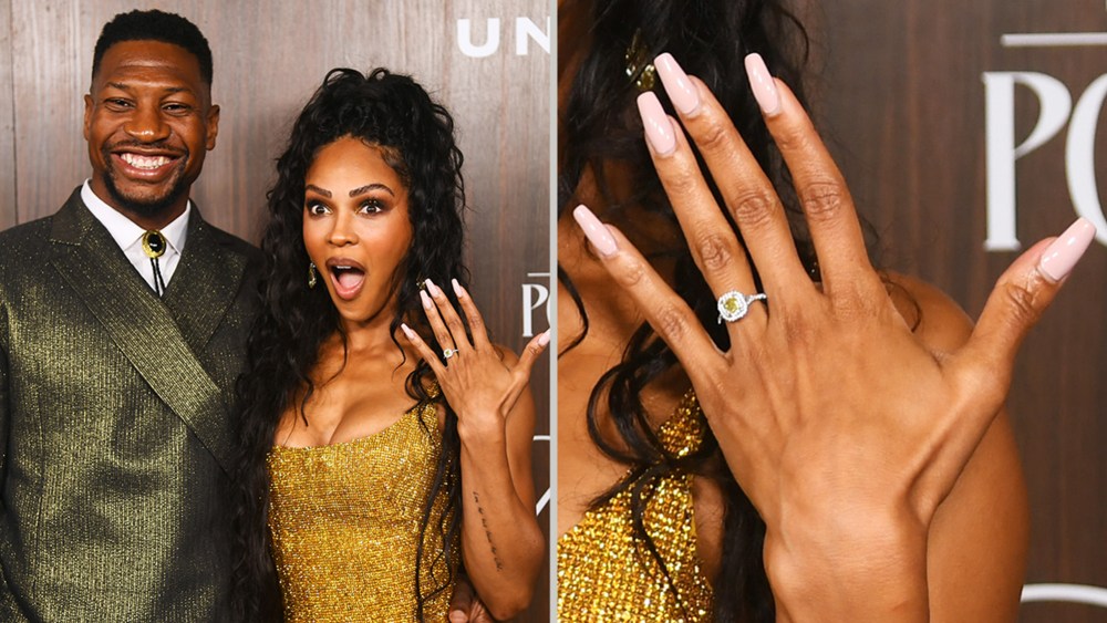 Meagan Good shows off engagement ring next to financé Jonathan Majors at the 2024 EBONY Power 100 Gala held at Nya Studios West on November 17, 2024 in Los Angeles, California.
