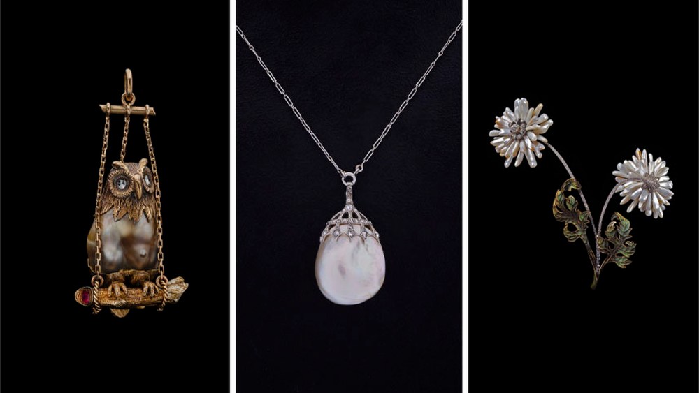 Jewelry in the “Paris, City of Pearls” exhibition include this owl pendant featurign a baroque pearl, part of Albion Art Institute’s collection; a 1900 necklace, part of the Templier collection; and a floral corsage brooch by Henri Vever.