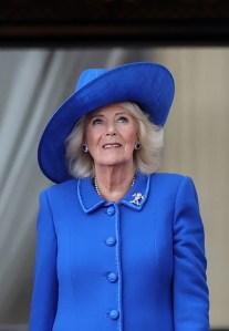 LONDON, ENGLAND - MAY 05: Queen Camilla during the fly-past on Buckingham Palace balcony to mark the 80th anniversary of VE Day on May 05, 2025 in London, England. The King and Queen, joined by Members of the Royal Family, will take part in events from May 5th to May 8th to commemorate the 80th anniversary of VE Day, which signalled the end of the Second World War in Europe. (Photo by Chris Jackson/Getty Images)
